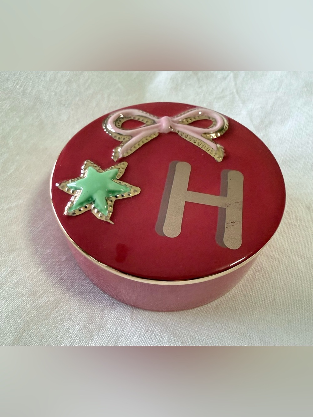 Anthropologie | Letter H Red & Pink Porcelain Trinket Box | Gold Trim Accents